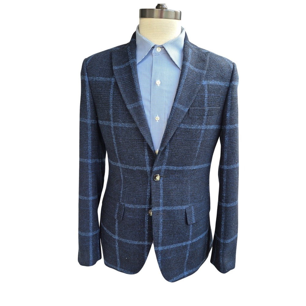 Moss London Mens Skinny Fit Blazer Navy Blue Windowpane Check Sport Coat 38R 40R